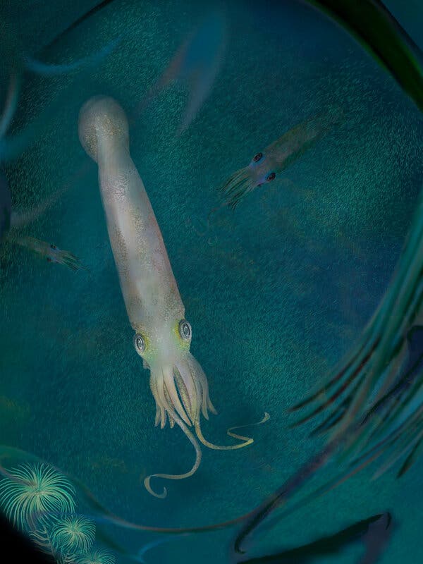 An artist’s reconstruction of Syllipsimopodi in Montana about 330 million year ago, when the area was submerged beneath a tropical bay.