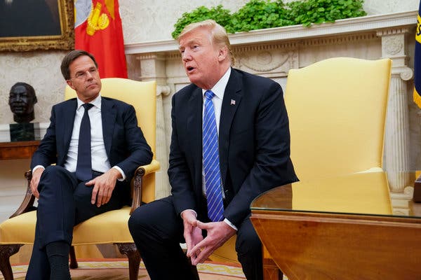 President Trump met with Prime Minister Mark Rutte of the Netherlands on Monday in the Oval Office. In letters sent last month, Mr. Trump demanded that NATO allies spend more on their own defense.