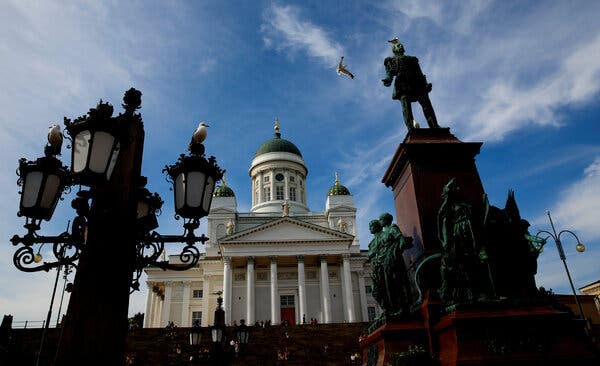 A statue of Tsar Alexander II of Russia in front of the Helsinki Cathedral.