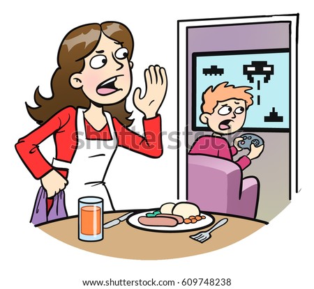 stock-photo-cartoon-illustration-of-a-mother-calling-her-videogame-playing-son-to-the-table-for-dinner-609748238.jpg