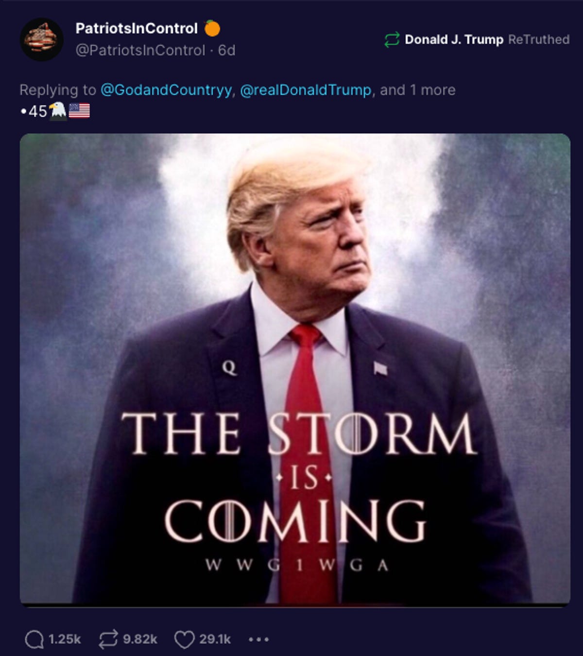 a graphic of donald trump wearing a Q lapel pin on his suit with the word the storm is coming displayed over the image